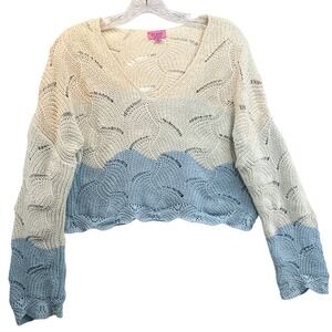 Mi Ami Francesca's Blue Cream Colorblock Pointelle Knit Cropped Sweater Womens M